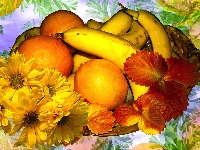 Banany, Kwiaty, Grafika, Żółte, Owoce, Pomarańcze, Liście