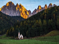 Las, Włochy, Dolomity, Góry, Góry, Kościół, Dolina Val di Funes, Villnoss