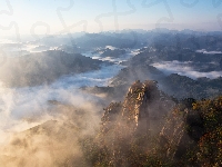 Góry, Korea Południowa, Skały, Mgła, Drzewa, Wierzchołki, Park prowincjonalny Daedunsan, Prowincja Jeolla Północna