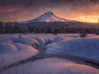 Stratowulkan, Las, Drzewa, Góra, Stany Zjednoczone, Wschód słońca, Stan Oregon, Ośnieżone, Zima, Mount Hood, Rzeka