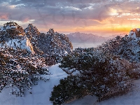 Park Narodowy Bukhansan, Drzewa, Mgła, Góra Dobongsan, Korea Południowa, Zima, Chmury, Roślinność, Góry, Skały, Wschód słońca