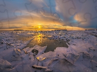 Zima, Chmury, Rosja, Wschód słońca, Jezioro Ładoga, Lód, Karelia