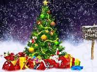 Mikołaj, Śnieg, Grafika 2D, Choinka, Prezenty, Boże Narodzenie