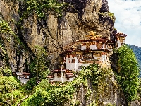 Skały, Paro Taktsang, Bhutan, Świątynia, Góry, Drzewa