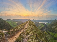 Jeziora, Ścieżka, Wyspa Świętego Michała, Gmina Ponta Delgada, Portugalia, Wyspa Sao Miguel, Góry, Wschód słońca, Azory