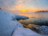 Jezioro Ładoga, Drzewa, Rosja, Wschód słońca, Zima, Mgła, Karelia