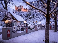 Sklep, Lampy, Zima, Bawaria, Domek, Niemcy, Zamek Hohenschwangau, Murek, Oświetlenie, Wzgórze, Drzewa, Gmina Schwangau