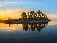 Wschód słońca, Wysepka, Rosja, Jezioro Ładoda, Drzewa, Karelia