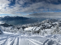 Śnieg, Jezioro Genewskie, Szwajcaria, Góry Alpy, Zima, Drzewa, Montreux