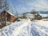 Peder Mork Monsted, Obraz, Domy, Drzewa, Zaprzęg, Zima, Malarstwo, Wieś, Sanie