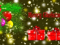 Napis, Bombki, Grafika, KoGałązka, Prezenty, Merry Christmas