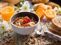 Szklanka, Miseczka, Śniadanie, Pomarańcze, Sok, Chleb, Musli