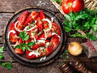 Cebula, Pomidory, Talerz, Pietruszka