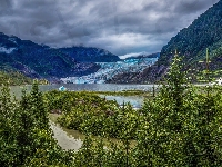 Jezioro Eklutna Lake, Chmury, Stany Zjednoczone, Drzewa, Góry, Lodowiec, Stan Alaska