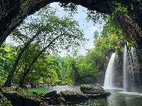 Wyżyna Korat, Jaskinia, Drzewa, Wodospad Haew Suwat, Tajlandia, Park Narodowy Khau Yai, Kamienie