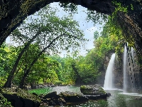 Wyżyna Korat, Jaskinia, Drzewa, Wodospad Haew Suwat, Tajlandia, Park Narodowy Khau Yai, Kamienie