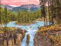 Rzeka Sunwapta, Kanada, Drzewa, Park Narodowy Jasper, Góry, Wodospad Sunwapta Falls, Skały, Prowincja Alberta