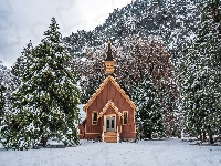 Drzewa, Stany Zjednoczone, Park Narodowy Yosemite, Kaplica, Las, Zima, Kościółek, Stan Kalifornia