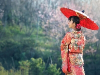 Kimono, Parasolka, Kobieta, Azjatka, Czerwona