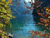 Park Narodowy Berchtesgaden, Gałęzie, Niemcy, Drzewa, Jezioro Konigssee, Statek, Bawaria