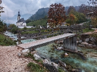 Ramsau bei Berchtesgaden, Niemcy, Most, Góry Alpy, Rzeka Ramsauer Ache, Park Narodowy Berchtesgaden, Kościół św. Sebastiana, Bawaria