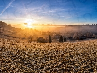 Wzgórza, Kirchberg in Tirol, Wschód słońca, Mgła, Szwajcaria, Domy, Gmina, Drzewa, Kanton St. Gallen