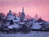 Cerkiew, Rosja, Zima, Drzewa, Śnieg, Domy, Padający, Kostroma