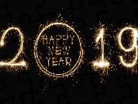 Napis, Czarne tło, Nowy Rok, 2019, Happy New Year