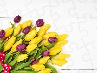 Tulipany, Wstążka, Żółte, Bordowe, Bukiet