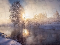 Rzeka, Promienie słońca, Zima, Mgła, Drzewa
