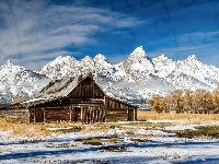 Chata, Stany Zjednoczone, Park Narodowy Grand Teton, Góry Teton Range, Drzewa, Drewniana, Śnieg, Stan Wyoming