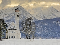 Eglise Saint Coloman, Niemcy, Miejscowość Schwangau, Góry Alpy, Drzewa, Kościół, Zima, Bawaria