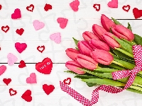 Tulipany, Serduszka, Walentynki, Różowe, Wstążka