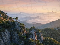Góry, Skały, Korea Południowa, Drzewa, Park prowincjonalny Daedunsan, Wschód słońca, Prowincja Jeolla Północna