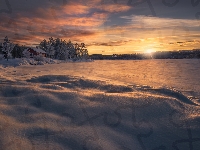 Ringerike, Drzewa, Zachód słońca, Dom, Norwegia, Zima, Jezioro