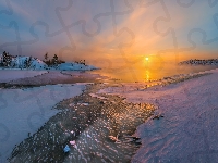 Jezioro Ładoga, Wschód słońca, Rosja, Mgła, Zima, Drzewa, Karelia