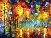 Leonid Afremov, Jesień, Postać, Deszcz, Aleja, Reprodukcja obrazu, Drzewa, Parasol