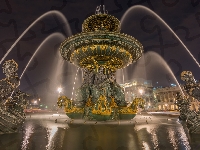 Fontaine des Mers, Francja, Plac Zgody, Rzeźby, Place de la Concorde, Fontanna Mórz, Noc, Paryż