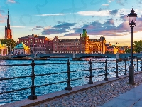 Most, Panorama miasta, Szwecja, Budynki, Rzeka, Latarnia, Sztokholm