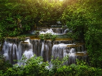 Park Narodowy Erawan, Kaskada, Tajlandia, Wodospad Erawan, Drzewa, Prowincja Kanchanaburi