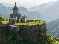 Kościół, Armenia, Mgła, Skała, Drzewa, Klasztor Tatew, Góry, Prowincja Sjunik