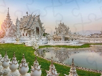 Biała Świątynia, Staw, Tajlandia, Wat Rong Khun, Wschód Słońca, Buddyjska, Prowincja Chiang Rai