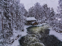 Młyn Myllykoski, Finlandia, Gmina Kuusamo, Rzeka, Park Narodowy Oulanka, Zima, Drzewa, Laponia