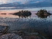 Jezioro Ładoga, Drzewa, Rosja, Skały, Świt, Wysepki, Karelia
