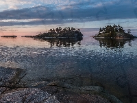 Jezioro Ładoga, Drzewa, Rosja, Skały, Świt, Wysepki, Karelia