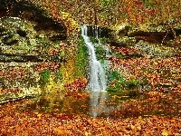 Skały, Jesień, Wodospad, Liście