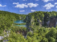 Wodospady, Skały, Park Narodowy Jezior Plitwickich, Drzewa, Chorwacja, Jeziora, Roślinność