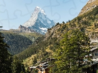 Alpy Pennińskie, Szwajcaria, Miejscowość Zermatt, Szczyt Matterhorn, Drzewa, Góry, Domy, Valais