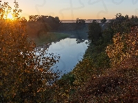 Wschód słońca, Jesień, Rzeka, Drzewa