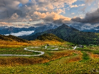 Łąka, Góry, Prowincja Belluno,  Passo di Giau, Włochy, Kręta, Droga, Dolomity, Wzgórza, Chmury